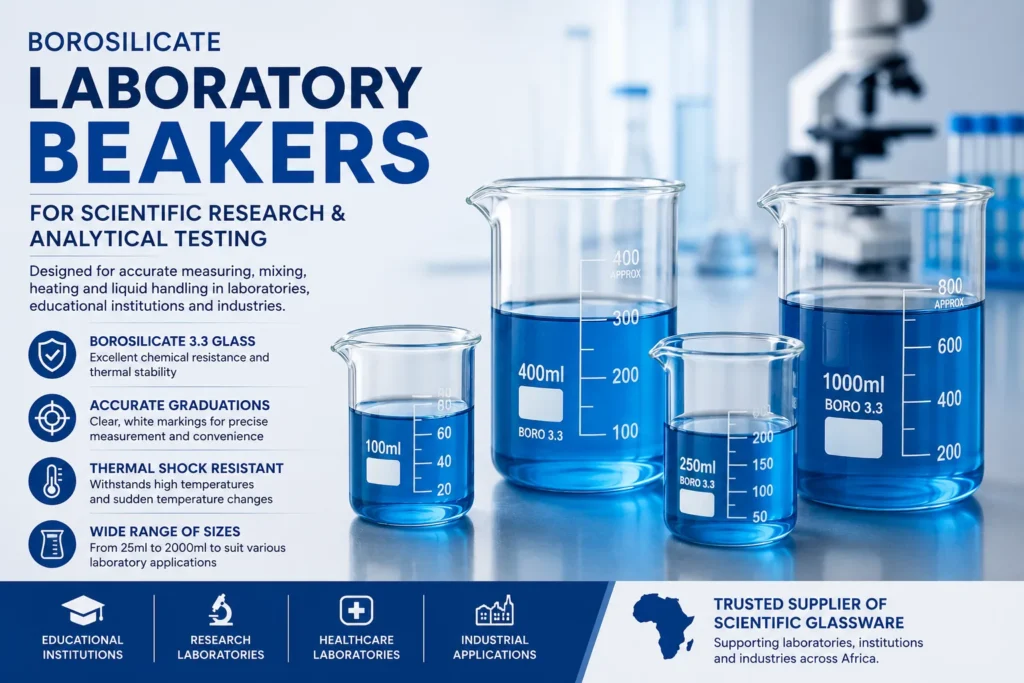 Manufacturer and exporter of borosilicate laboratory beakers for universities, healthcare laboratories, and research institutes.